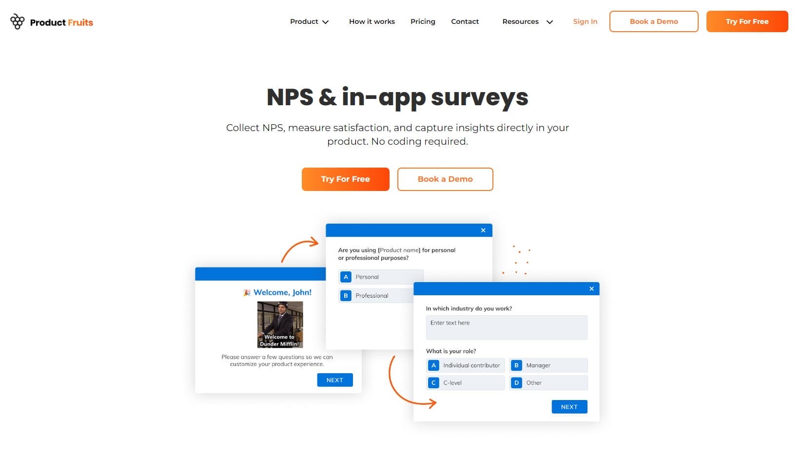 ProductFruit NPS in-app surveys for measuring and capturing customer insight.